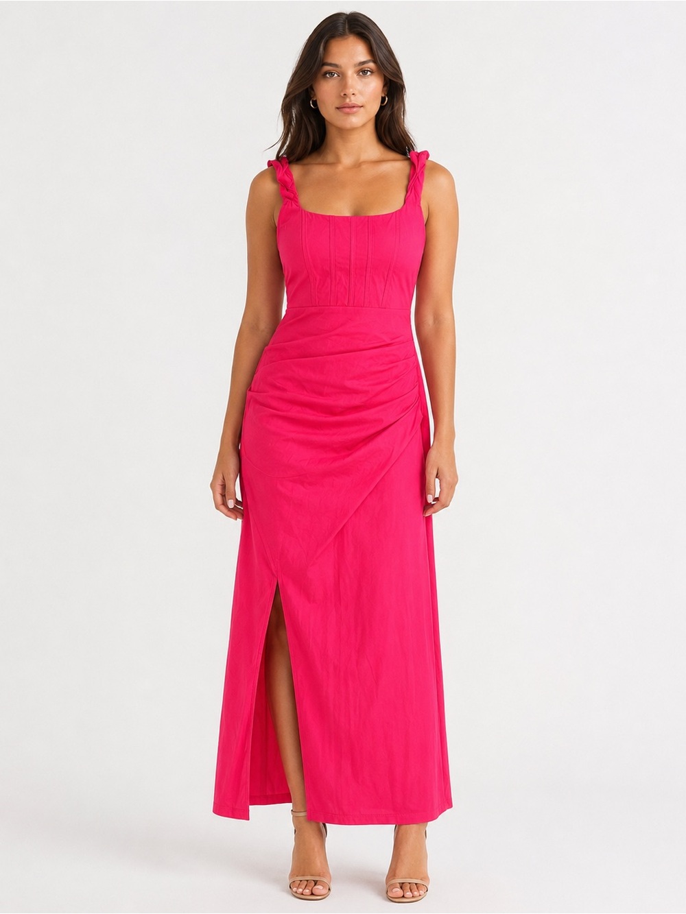HALARA Hot Pink Square-Neck Maxi Dress with Twist Straps
